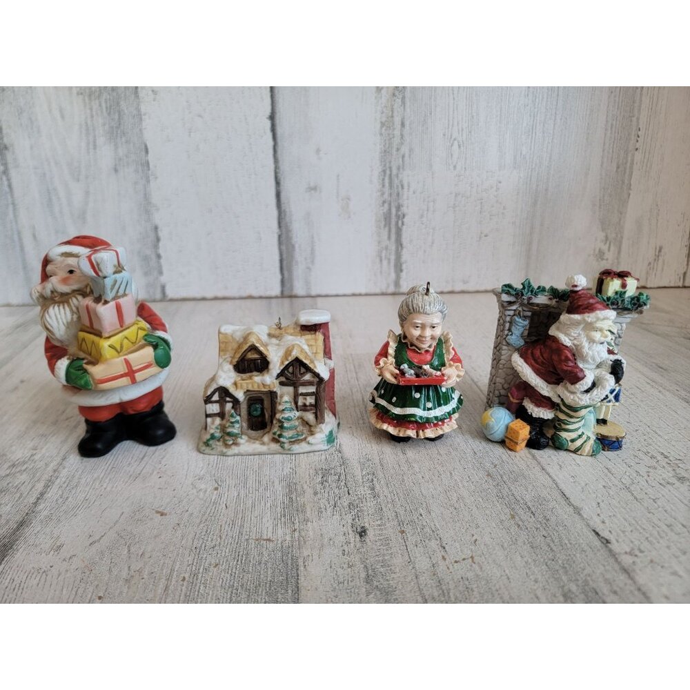 Vintage Mrs‎ Santa Claus candy house chimney variety ornament set
